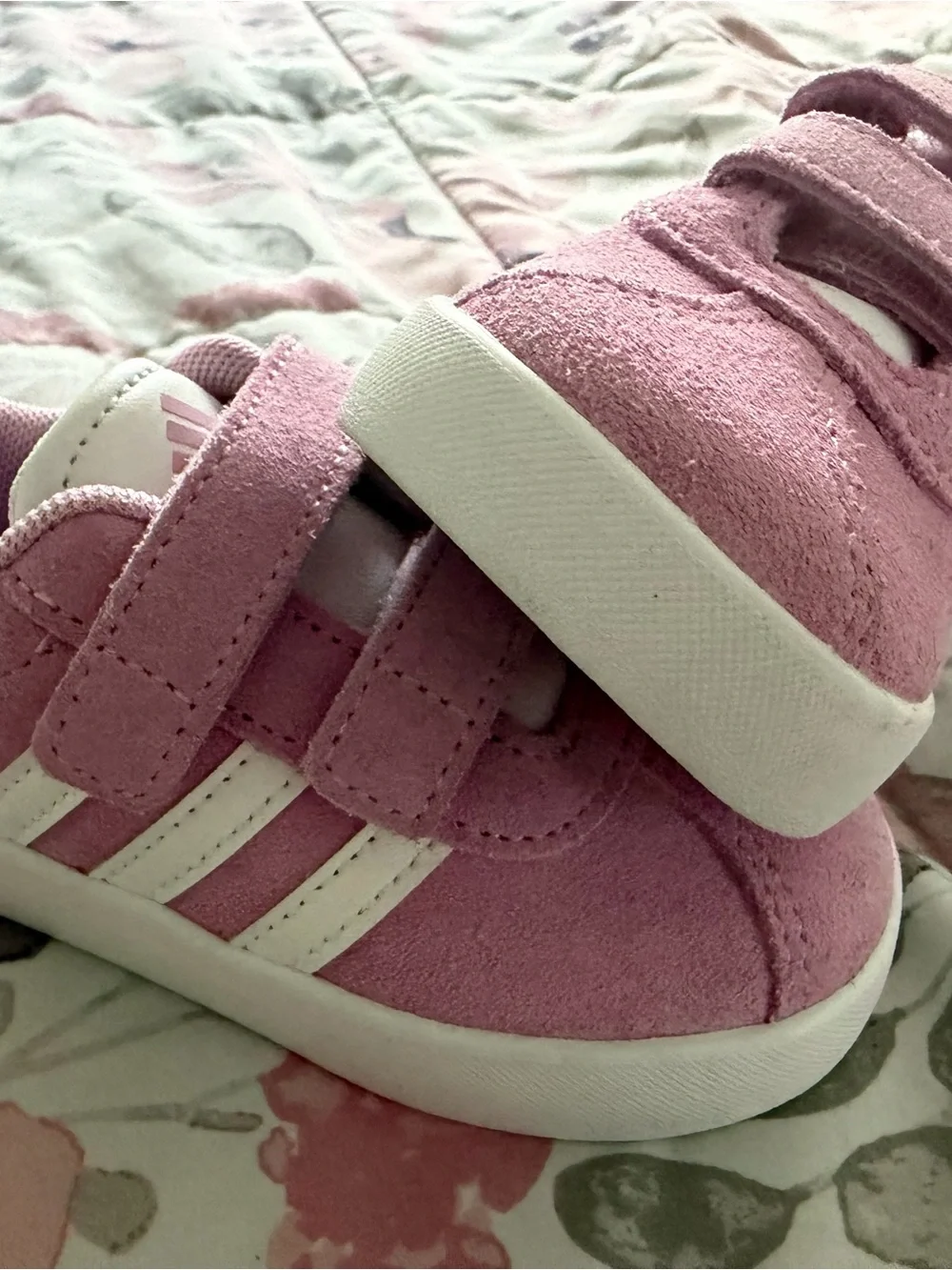 adidas Pink Suede Velcro Kids Sneakers with White Stripes